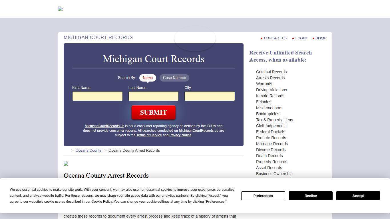 Oceana County Arrest Records | MichiganCourtRecords.us